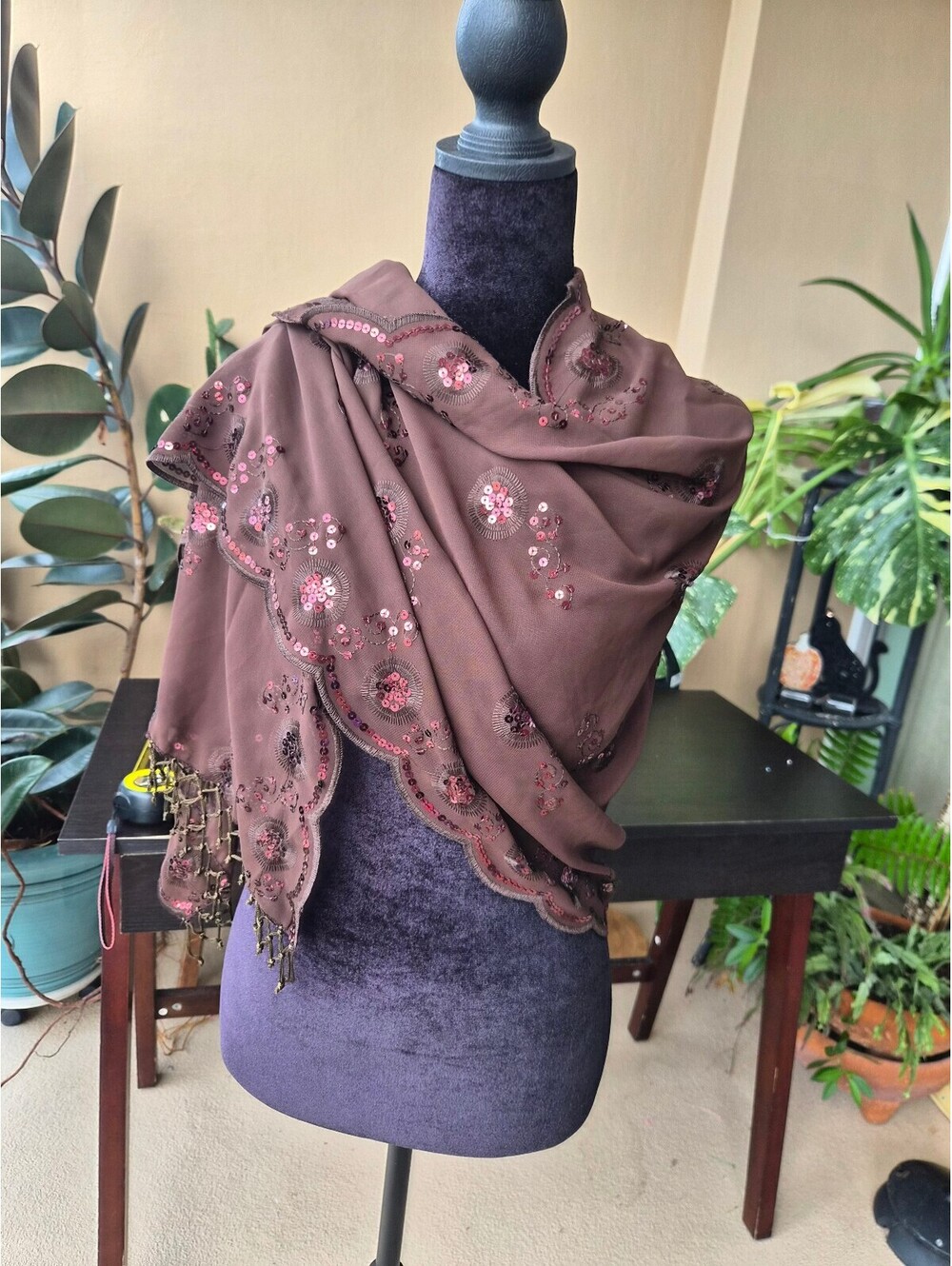 Brown Embroidered Sequin Shawl Scarf with Fringe